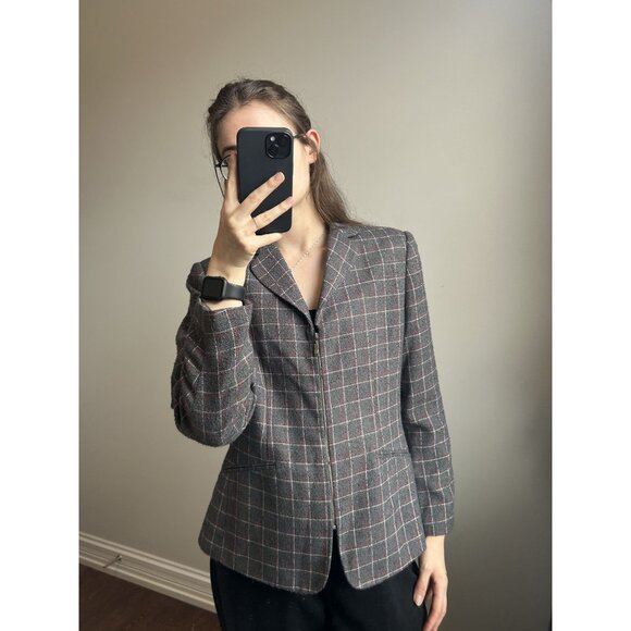 Women's Gray Zip Up Blazer With Red and White Windowpane Detail - Picture 1 of 8